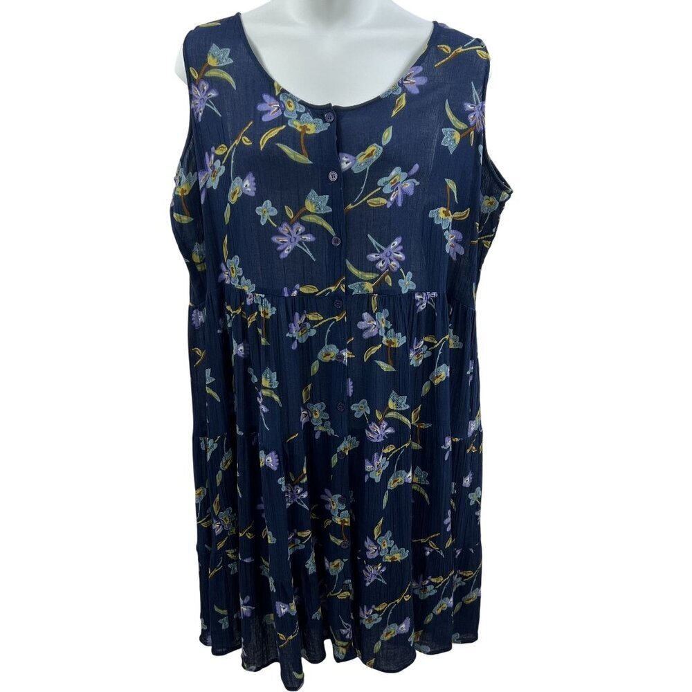Argee 3X Floral Sleeveless Button Up Dress Navy Purple Yellow Lightweight Summer